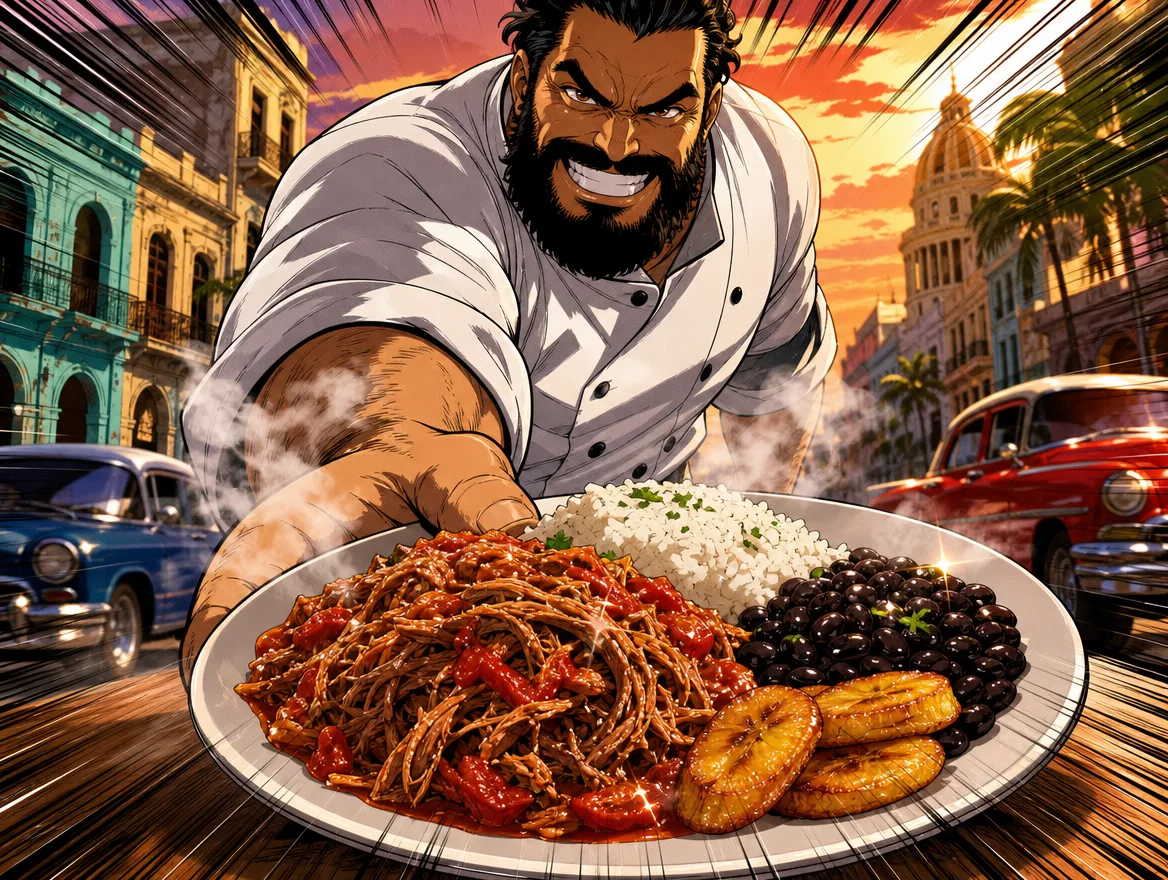 The atlas's chef mascot slamming down a plate of ropa vieja, manga style