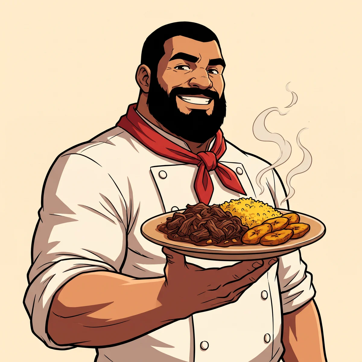 Chef Baku, the atlas mascot, presenting a plate