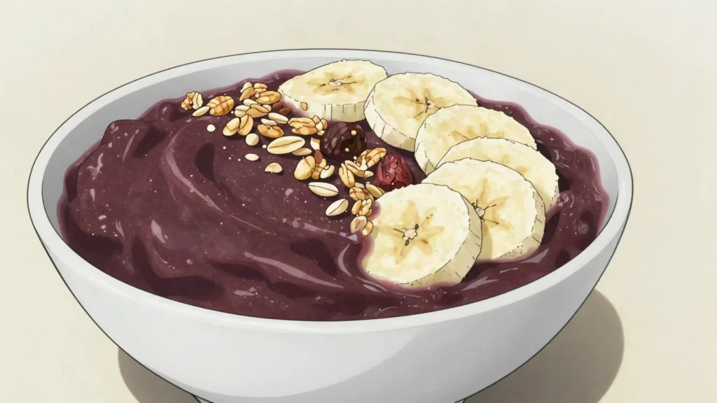 Açaí na tigela, frozen açaí blended thick, topped with granola and banana, Brazil snack, anime style