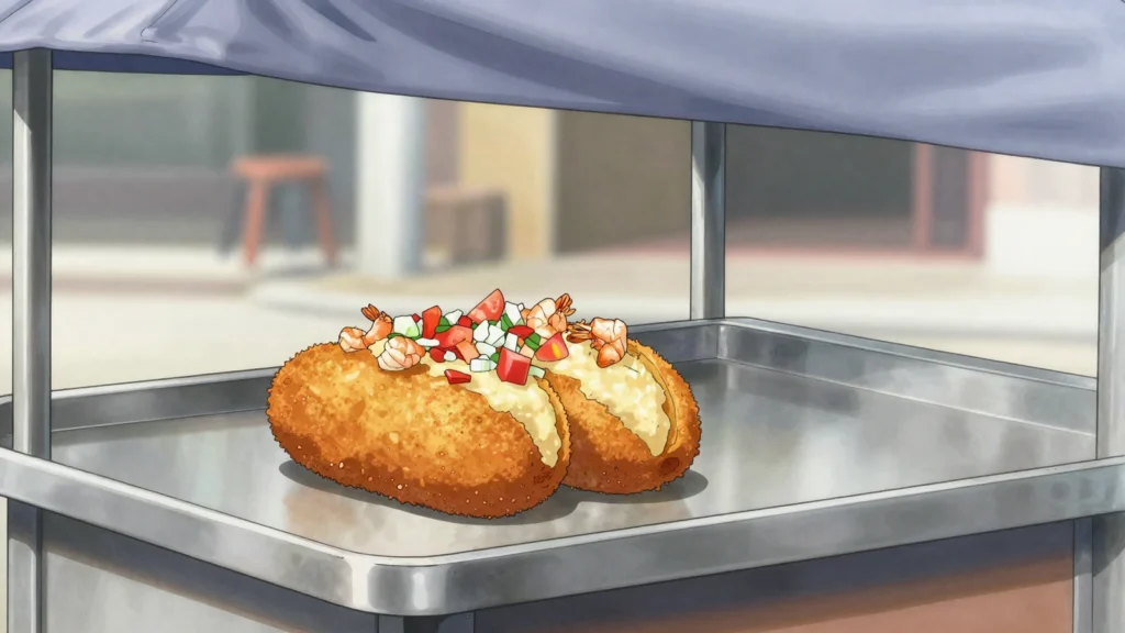 Acarajé, bahian black-eyed-pea fritter fried in dendê, stuffed with vatapá, shrimp, Brazil street food, anime style