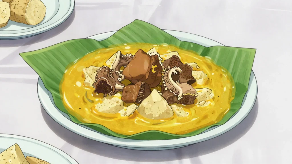 Achu, pounded cocoyam with spicy yellow palm-oil soup, western Grassfields pride, Cameroon main, anime style