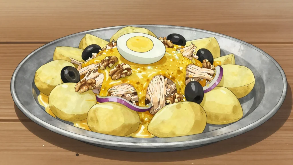 Ají de gallina, shredded chicken in creamy ají amarillo-walnut sauce over potatoes, Peru main, anime style