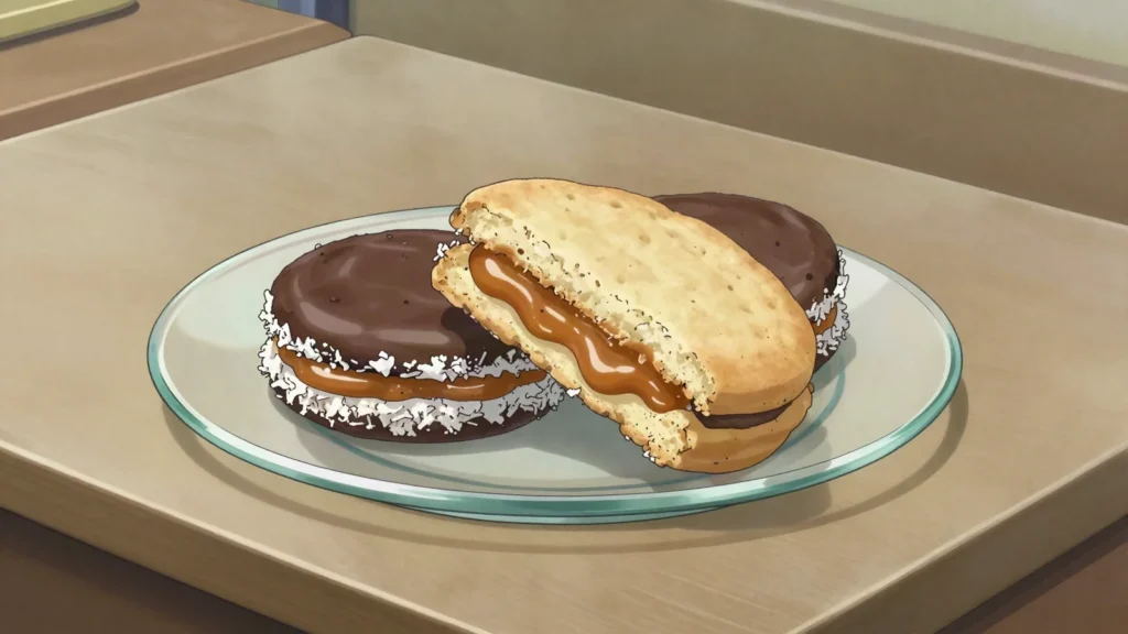 Alfajor, dulce de leche cookie sandwich, corner-store staple, Uruguay dessert, anime style