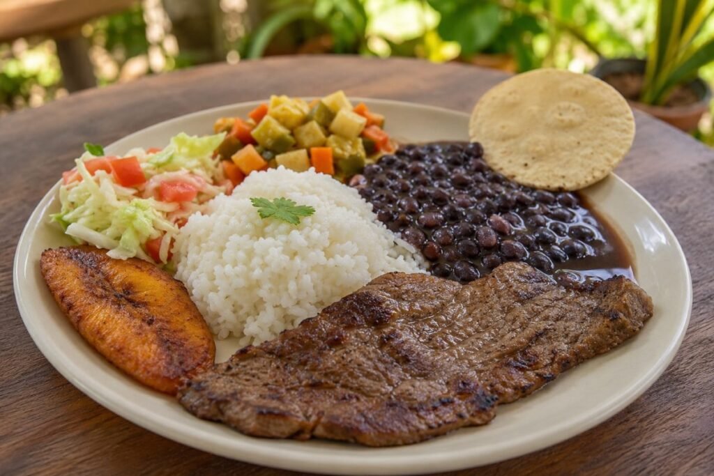 Alloco, ripe plantain cut and fried, served with chili-onion sauce, Guinea street food, anime style