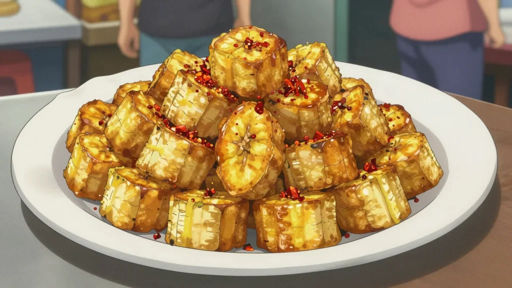 Aloko, fried ripe plantain cubes with chili, Benin street food, anime style