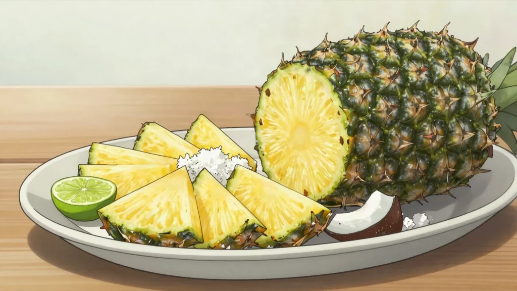 Antigua black pineapple, the island's famously sweet small pineapple, eaten fresh, Antigua and Barbuda snack, anime style
