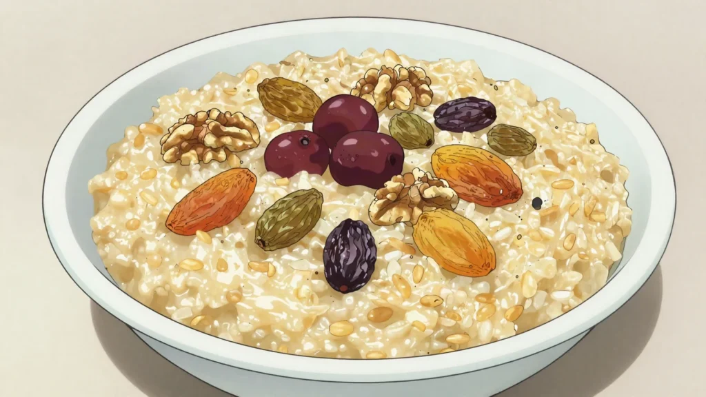 Anushabur, sweet porridge of hulled wheat with dried fruit, nuts and cinnamon, Armenia dessert, anime style