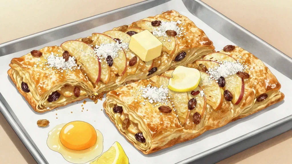 Apfelstrudel, layered apple pastry served with cream in coastal German cafés, Namibia dessert, anime style
