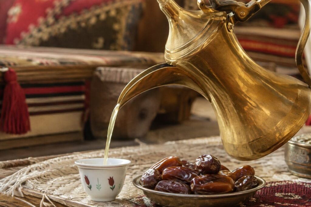 Arabic coffee, pale cardamom-saffron coffee poured ceremonially with dates, Saudi Arabia drink, anime style