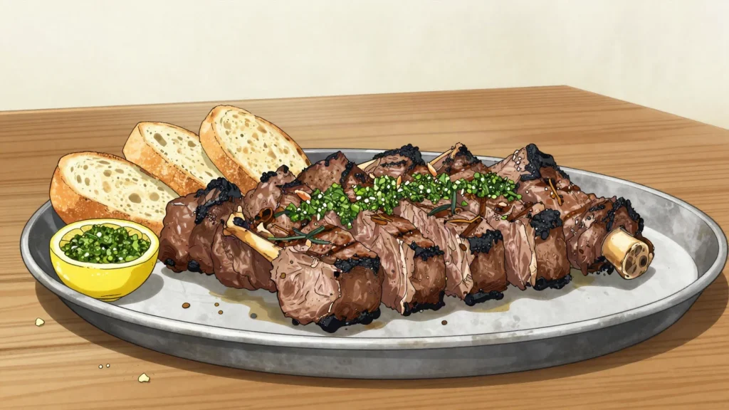 Asado de tira, beef short ribs cut across the bone, grilled slowly over embers, Argentina main, anime style