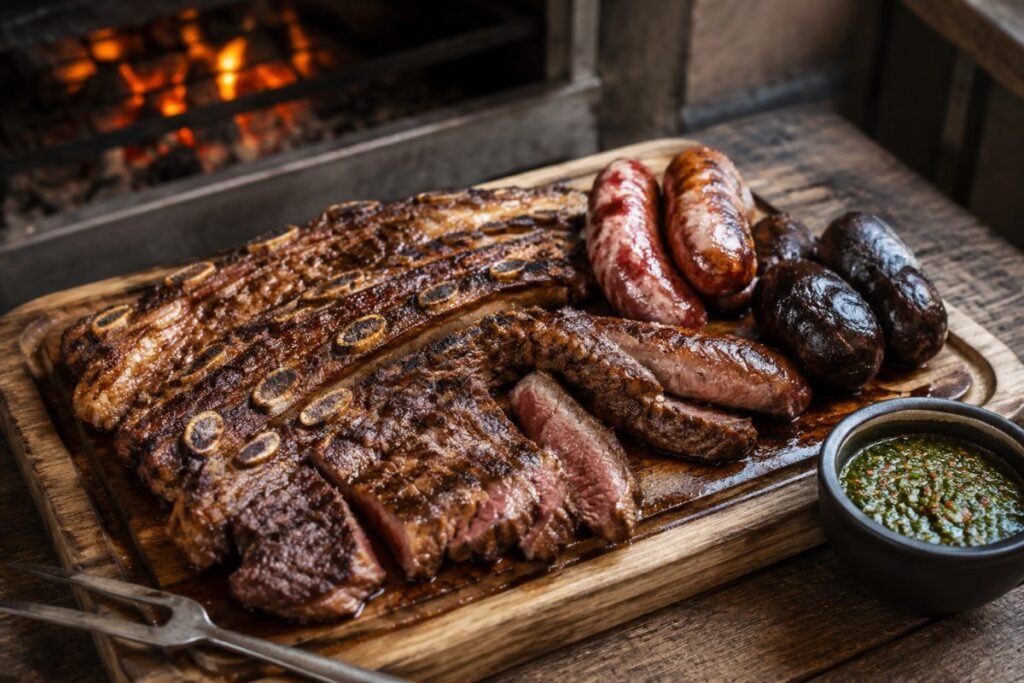 Asado, wood-fired parrilla beef, the national weekend rite, Uruguay main, anime style