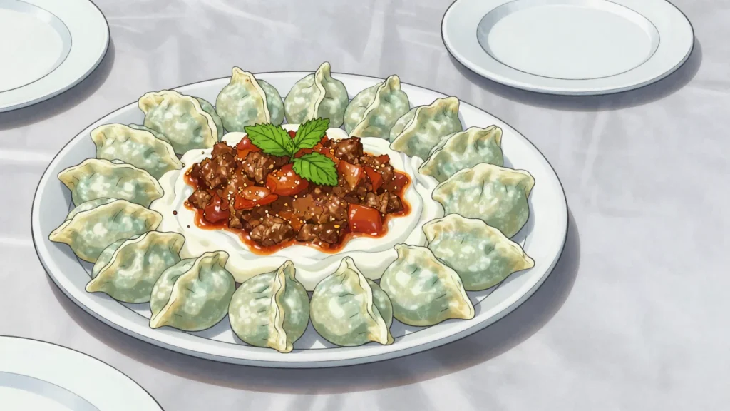 Ashak, leek-filled dumplings under garlic yogurt and spiced meat sauce, Afghanistan main, anime style