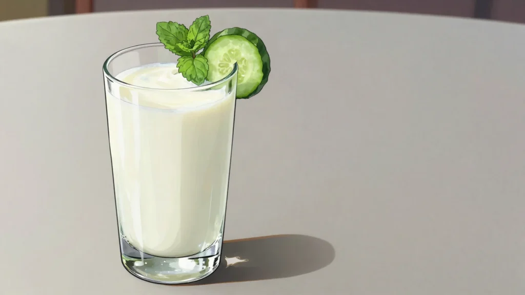 Atlama, chilled buttermilk-style drink left after churning butter, drunk salted in summer, Azerbaijan drink, anime style