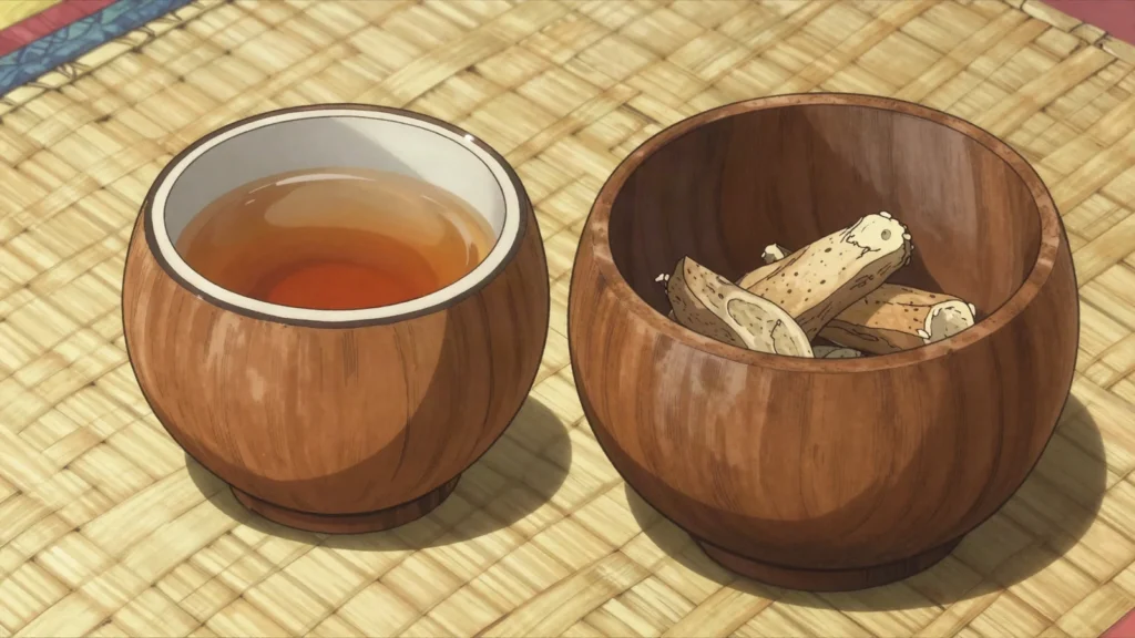 'Ava, kava root infusion served in a coconut-shell cup at formal ceremony, Samoa drink, anime style