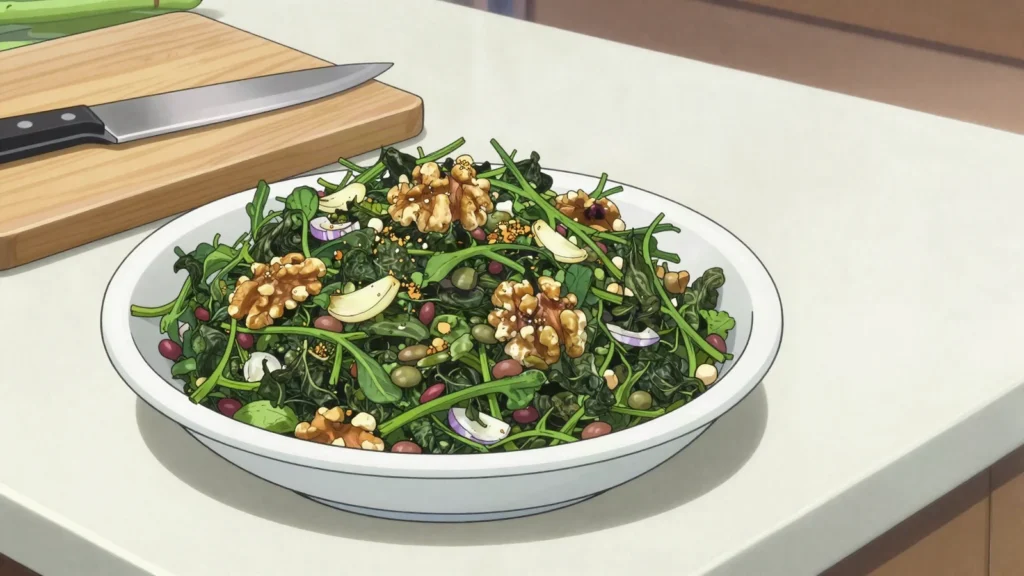 Aveluk, wild mountain sorrel dried in braids, cooked with walnuts, onion and lentils, Armenia salad & side, anime style