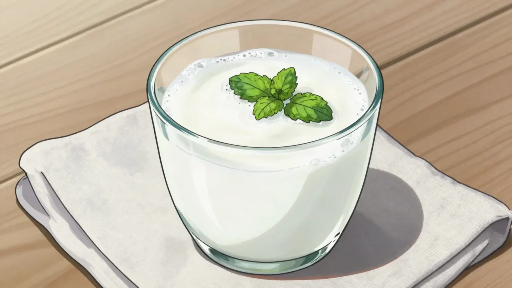 Ayran, salted diluted yoghurt served ice cold in summer with bread and melon, Turkmenistan drink, anime style