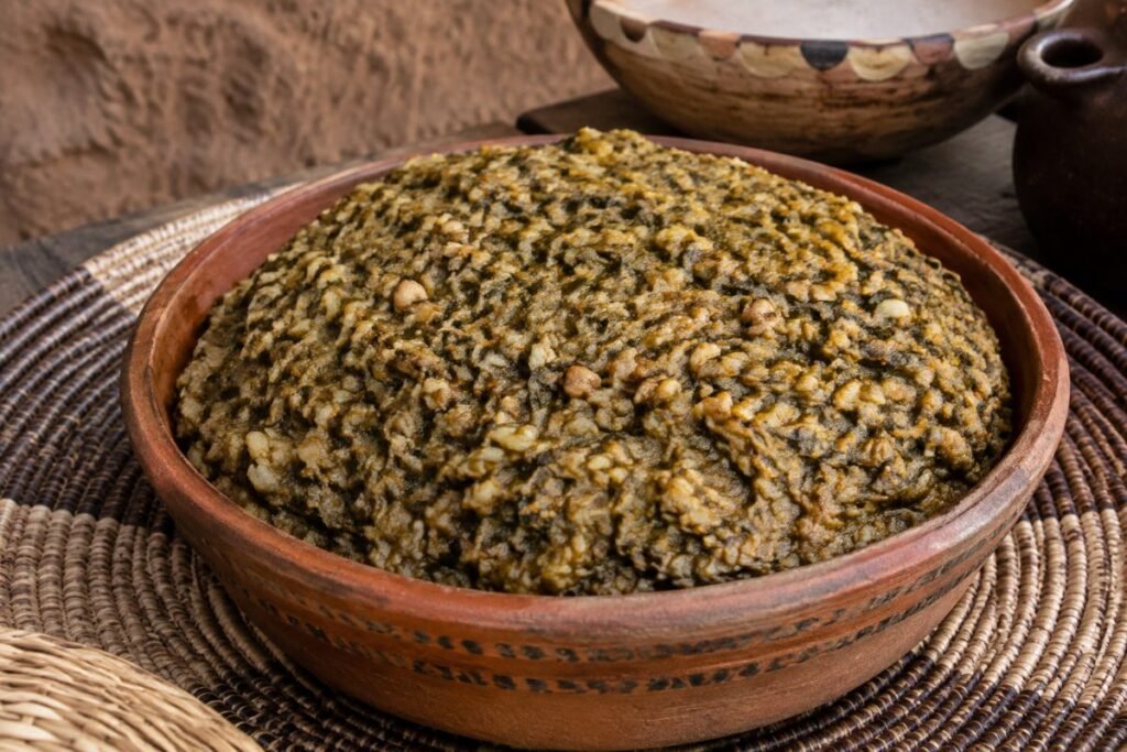 Babenda, rice cooked down with fermented greens, fish powder and peanut, Burkina Faso soup & stew, anime style