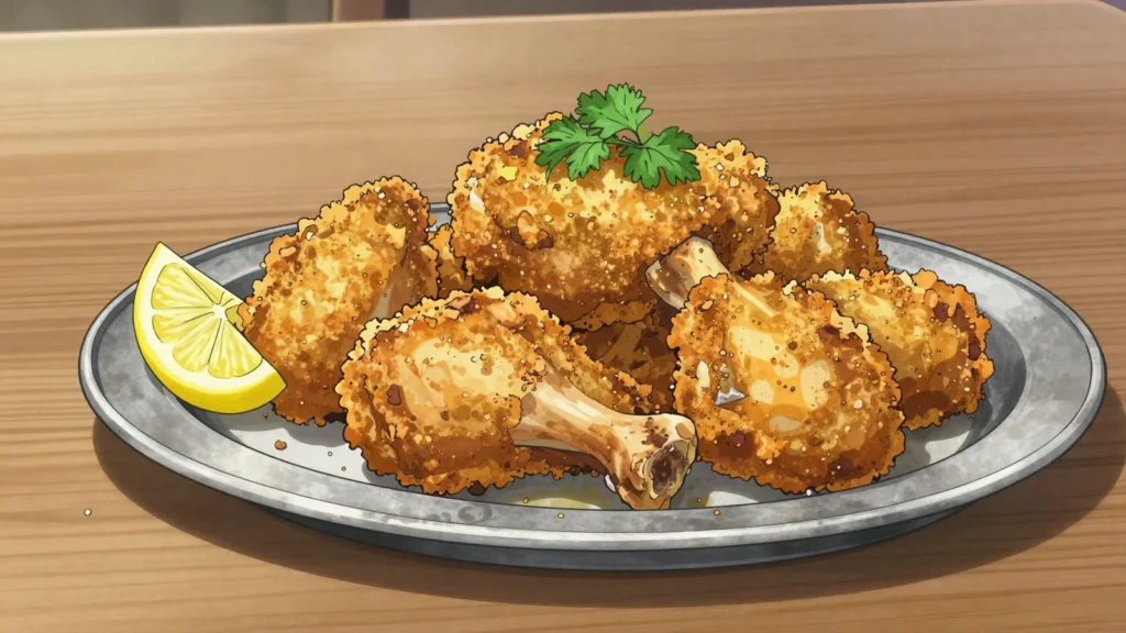 Backhendl, marinated chicken breaded and fried, Styrian classic, Austria main, anime style