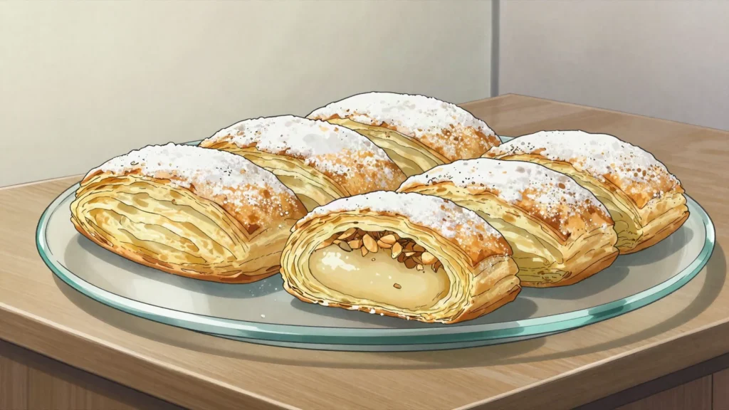 Badambura, flaky pastry parcels filled with ground almonds, sugar and cardamom, Azerbaijan dessert, anime style