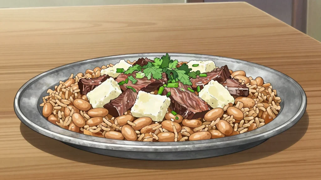 Baião de dois, northeastern rice-and-beans with cured beef and queijo coalho, Brazil main, anime style