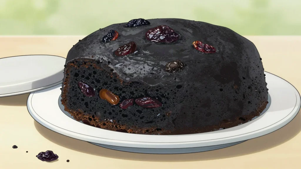 Bajan black cake, very dark fruit cake made with fruit soaked for months in rum and falernum, Barbados dessert, anime style