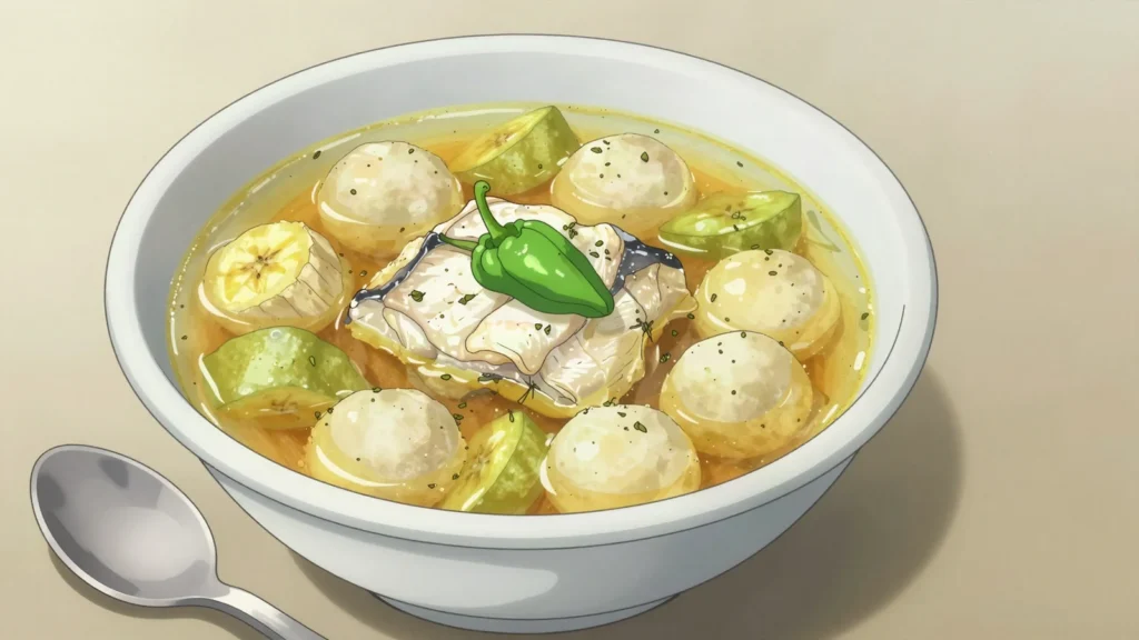 Bajan fish broth, clear peppery broth of fish, ground provisions and dumplings, Barbados soup & stew, anime style