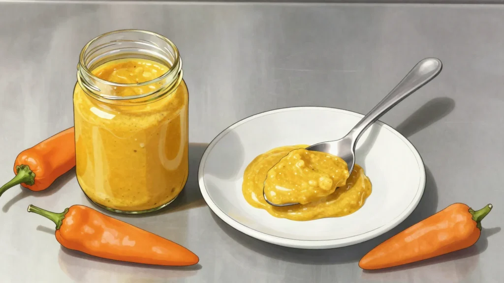 Bajan pepper sauce, mustard-scotch bonnet hot sauce spooned on everything, Barbados sauce & condiment, anime style