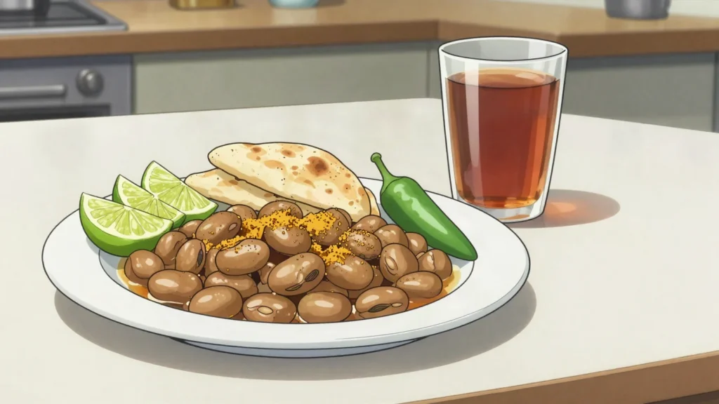 Bajella, broad beans boiled with cumin, lime and chilli, eaten with hot bread, Bahrain breakfast, anime style