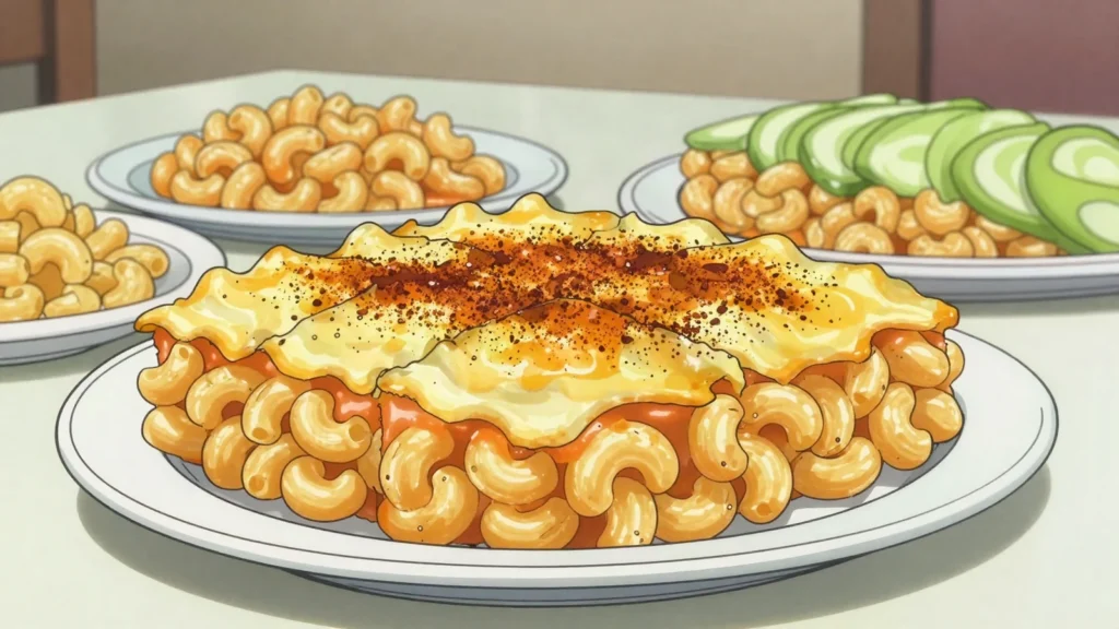 Baked macaroni and cheese, firm sliceable baked mac with cheddar and pepper, Bahamas salad & side, anime style