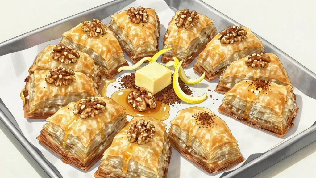 Baklava, paper-thin phyllo layered with pistachios, soaked in syrup, Turkey dessert, anime style