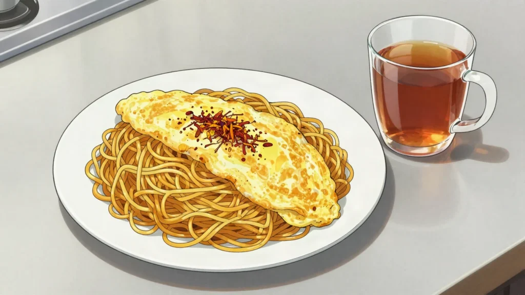 Balaleet, sweet saffron vermicelli topped with a thin omelet, United Arab Emirates breakfast, anime style