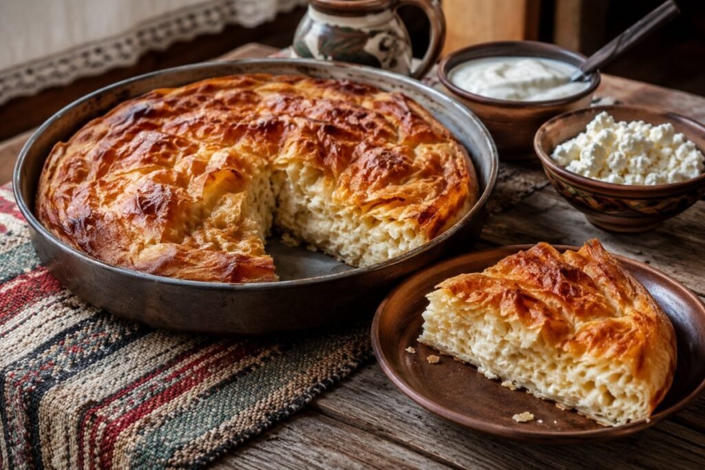 Banitsa, phyllo whirls with sirene cheese and egg, breakfast icon, Bulgaria bread & pastry, anime style