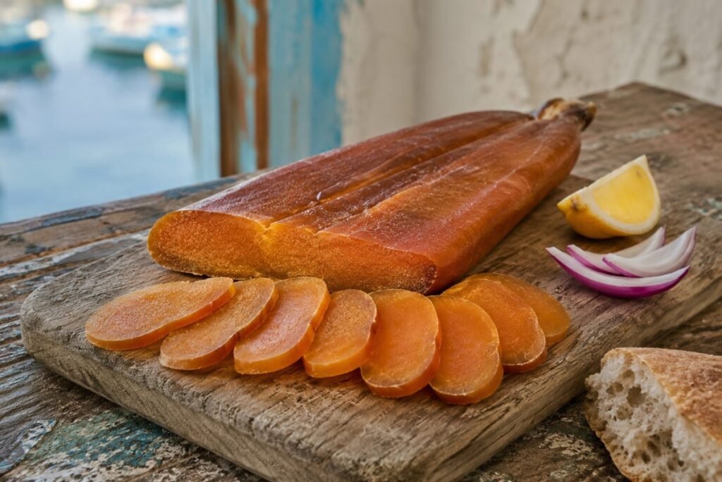 Batarekh, salted pressed grey mullet roe sealed in wax, sliced thin with lemon, Egypt charcuterie & cured, anime style