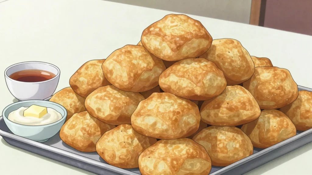 Baursak, puffed fried dough scattered across every celebration table, Kazakhstan bread & pastry, anime style