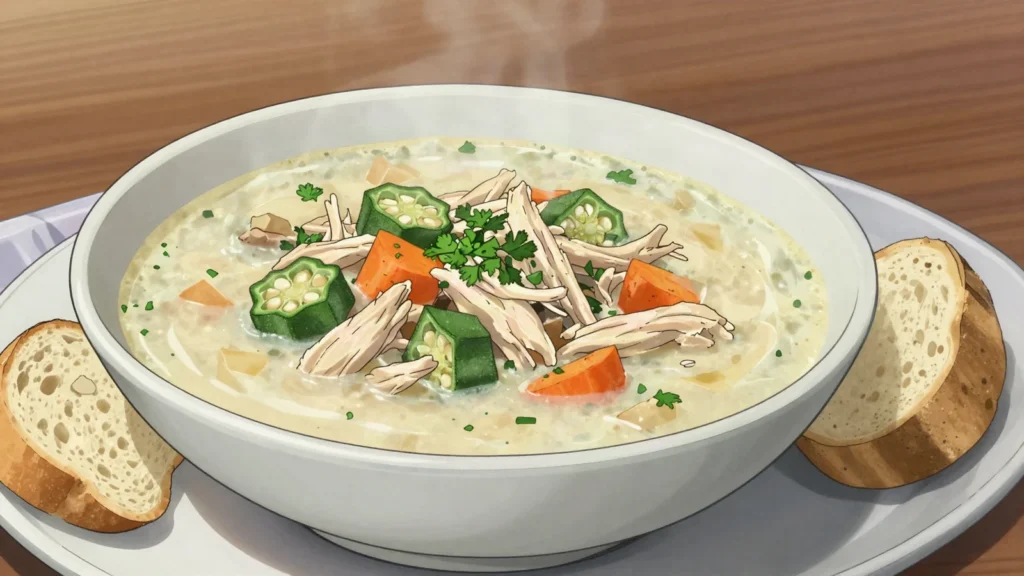 Begova čorba, creamy chicken and okra 'bey's soup', Bosnia and Herzegovina soup & stew, anime style