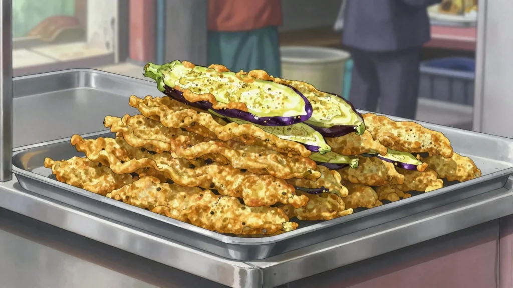 Beguni, eggplant slices in gram-flour batter, deep-fried and eaten hot with muri, Bangladesh street food, anime style