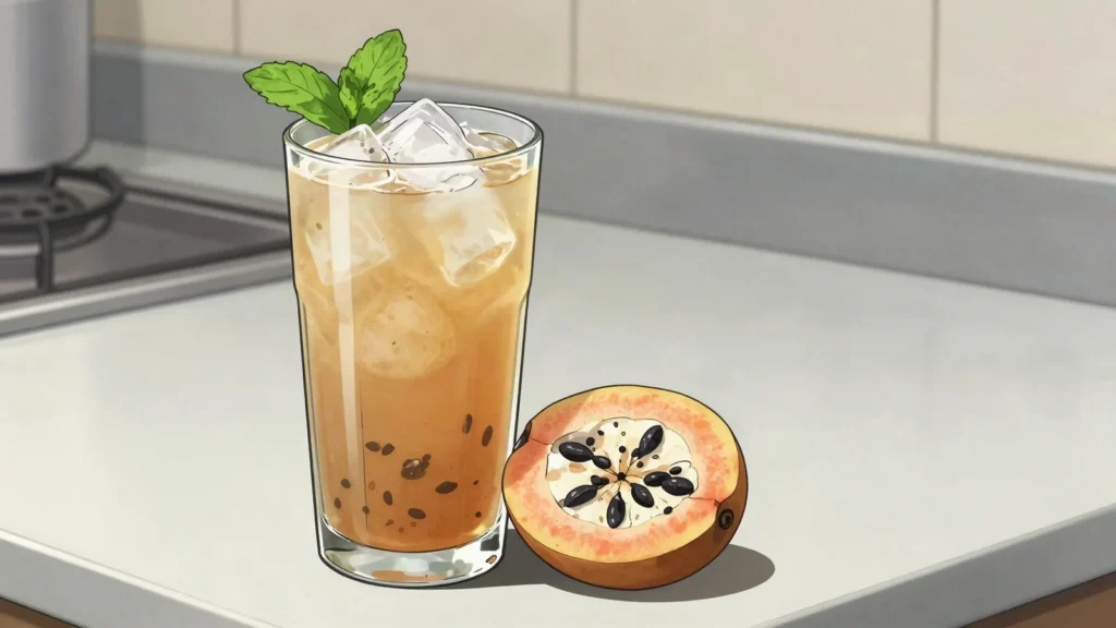 Bel Sharbat, wood apple pulp beaten with water, sugar and ice into a fragrant cooler, Bangladesh drink, anime style