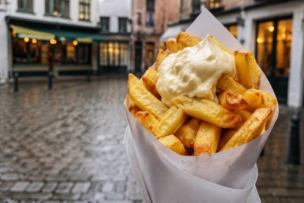 Belgian fries, twice-fried chips in a paper cone with thick sauces, Belgium street food, anime style