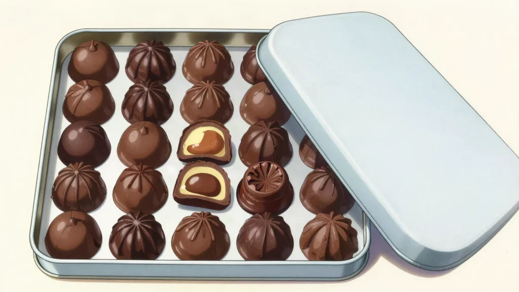Belgian pralines, filled chocolates invented in Brussels; ganache and nougat centres, Belgium dessert, anime style