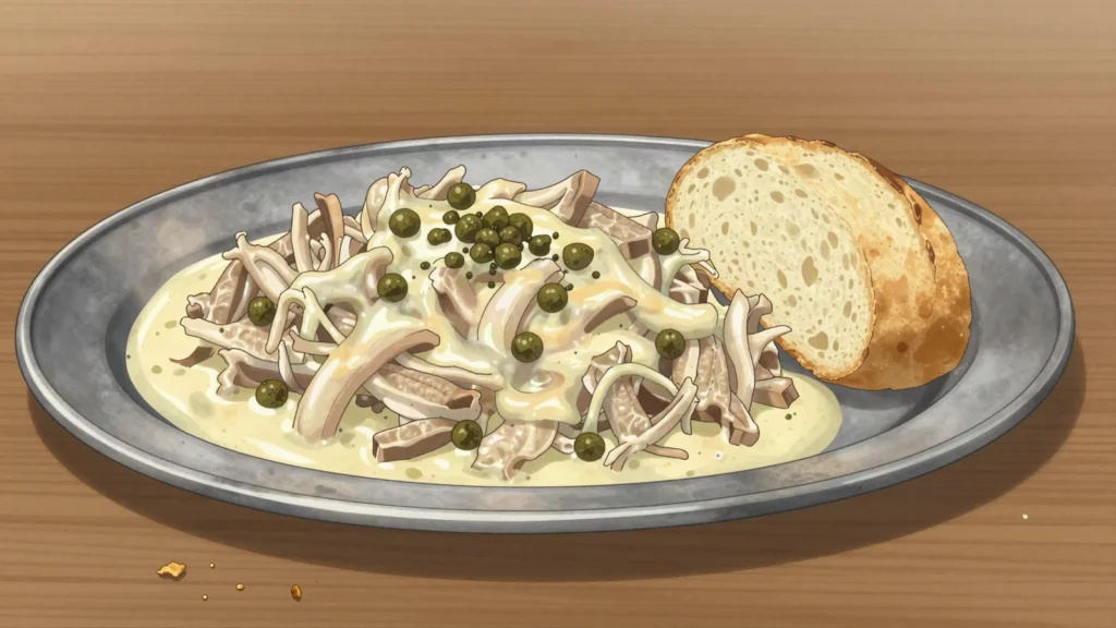 Beuschel, ragout of calf lung and heart in a sour cream sauce with dumplings, Austria main, anime style