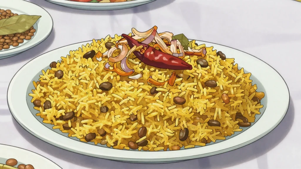 Bhuna Khichuri, rich rice-and-lentil pilaf cooked for rainy days and feasts, Bangladesh main, anime style
