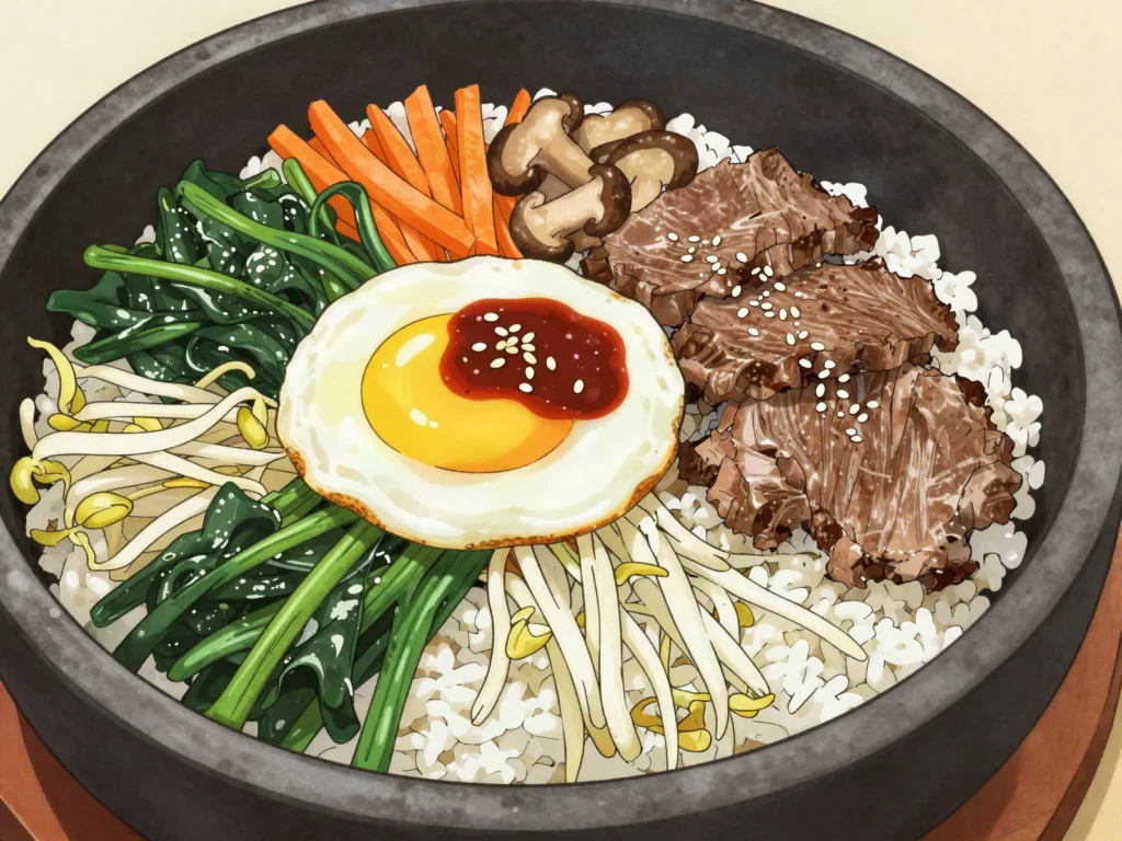 Bibimbap, rice bowl of seasoned vegetables, beef and fried egg, mixed with gochujang, South Korea main, anime style