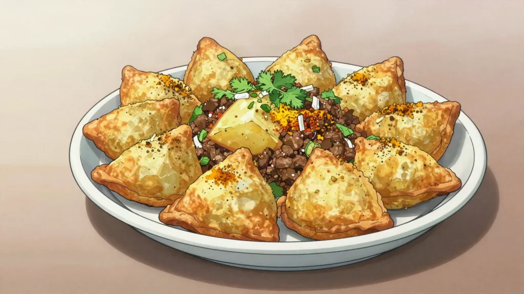 Bichak, small triangular turnovers filled with spiced potato, herbs or minced meat, fried, Afghanistan snack, anime style