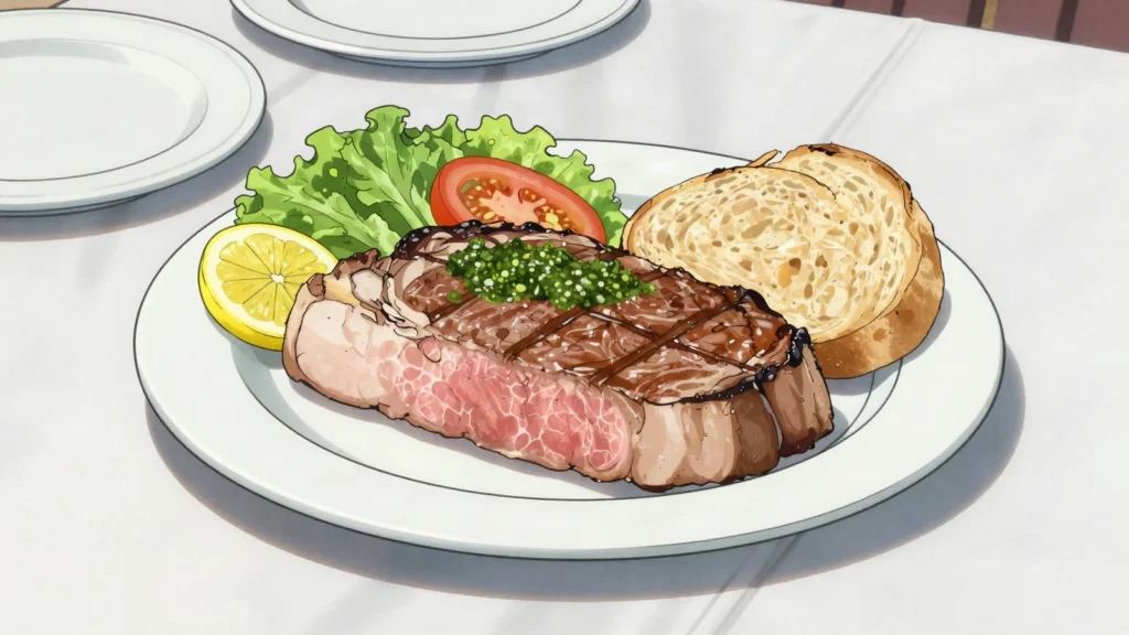 Bife de chorizo, thick sirloin steak with a fat edge, the standard parrilla order, Argentina main, anime style