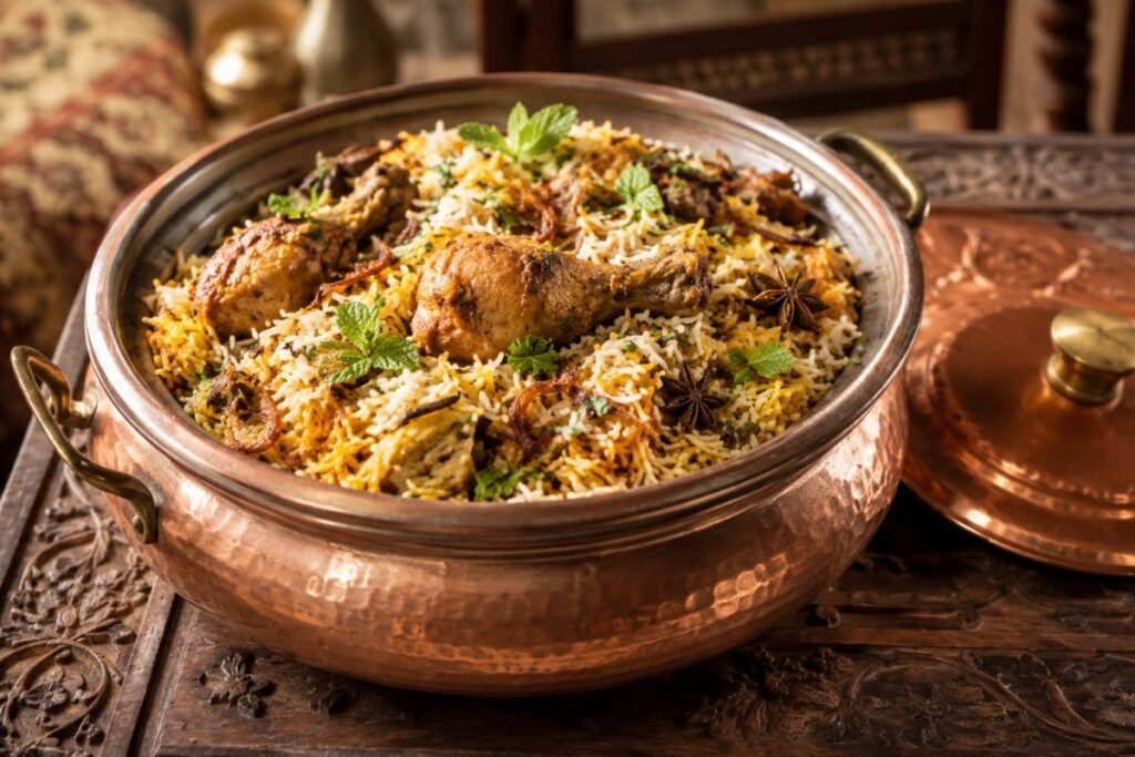 Biryani, layered spiced rice with chicken or mutton; Karachi and Sindhi styles beloved, Pakistan main, anime style