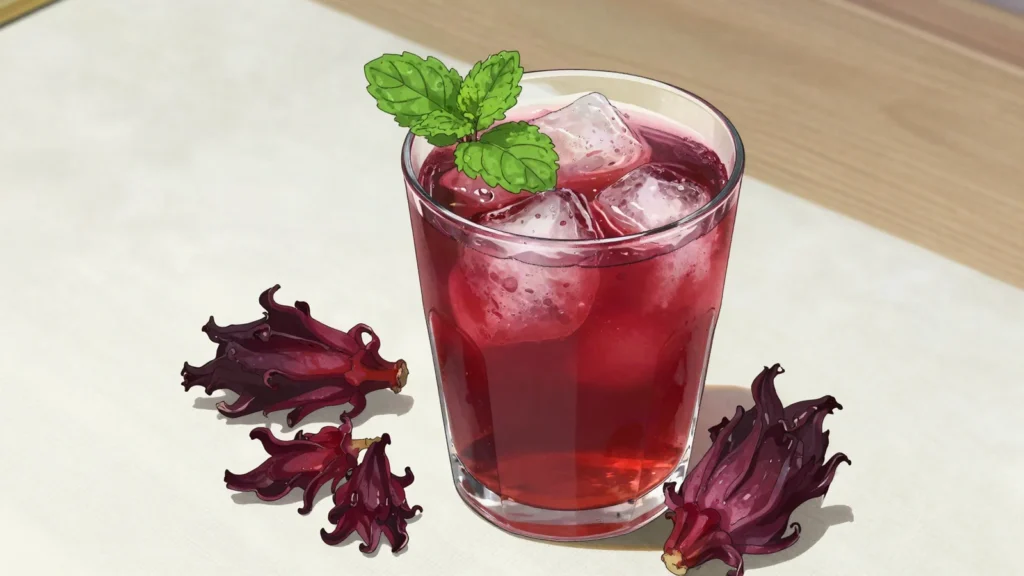 Bissap, tart hibiscus infusion sweetened and chilled in sachets, Togo drink, anime style
