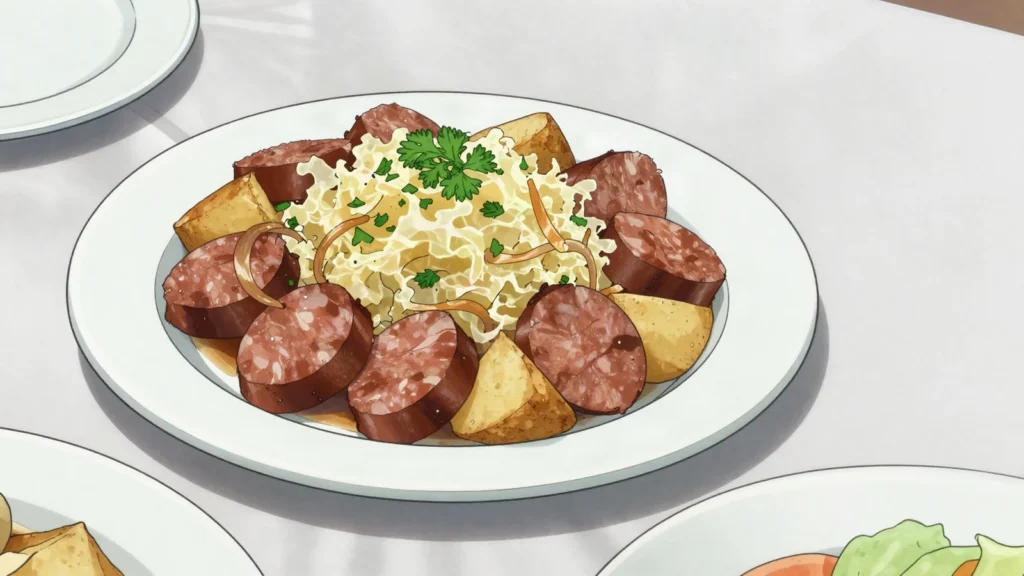 Blunzngröstl, blood sausage fried with potato and onion, topped with sauerkraut, Austria main, anime style
