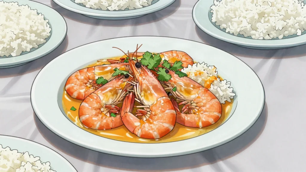 Bobó de camarão, shrimp in silky cassava-coconut cream enriched with dendê, Brazil main, anime style