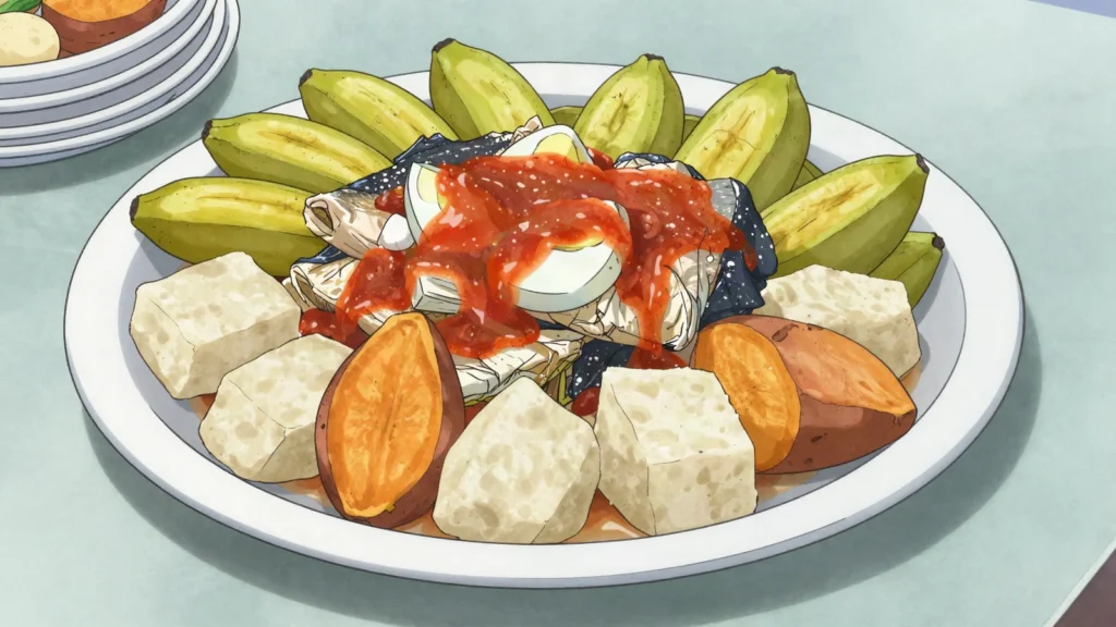 Boil up, kriol boil of ground foods, fish, and eggs with tomato sauce, Belize main, anime style