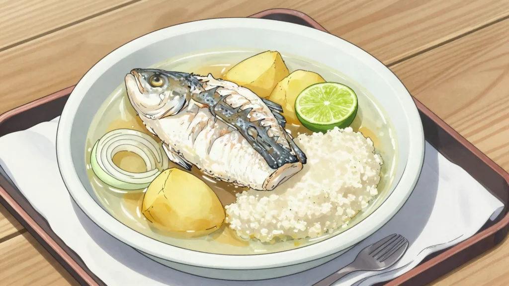 Boiled fish, grouper broth with lime, onion, potato; eaten with grits, Bahamas breakfast, anime style